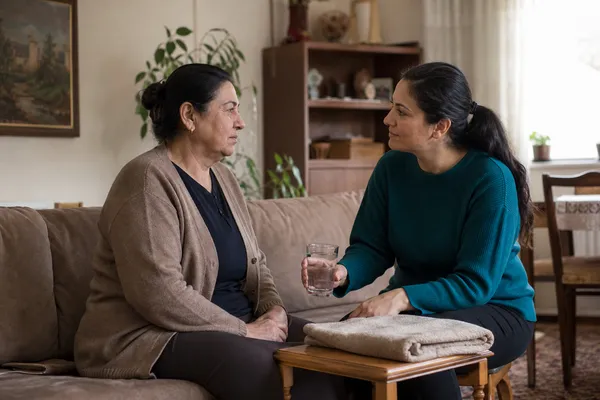 Evde hasta refakat desteği sunan bakıcı adayı ve aile ortamı