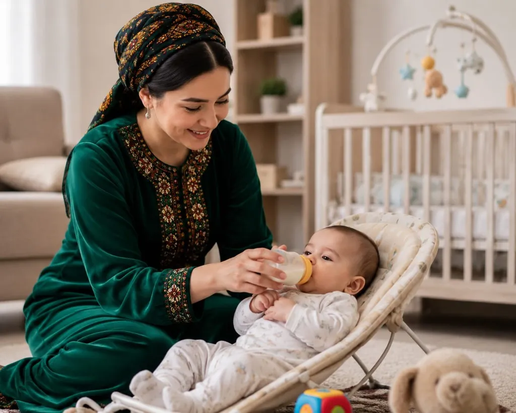 Ev ortamında bebek bakımına uygun sakin ve şefkatli refakat anı